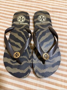 Tory Burch Brown and Olive Zebra-Print Logo Flip Flops
